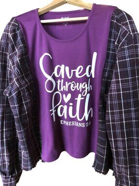 Upcycled Flannel Shirt, Oversized Christian Faith Graphic T-Shirt, Size L-XL